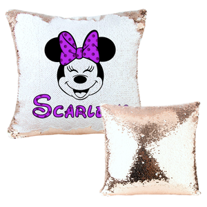 Custom Disney Sequin Pillow/ Potion Purple Rose Gold Personalized Minnie Mouse Polkadot Bow Reversible Flip Sequin Zipper Pillows