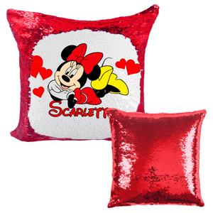Custom Disney Valentine Sequin Pillow/ Minnie Mouse Red Mermaid Throw Pillow Gift/ Disney Personalized Reversible Flip Sequin Zipper Pillows