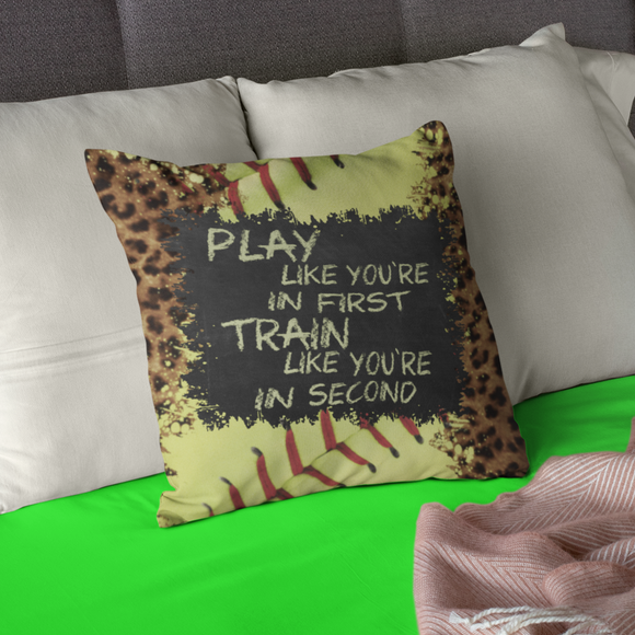 Softball Pillow/ Inspirational Motivational Quote Play Like You're In First Animal Print Bedroom Decor Gift