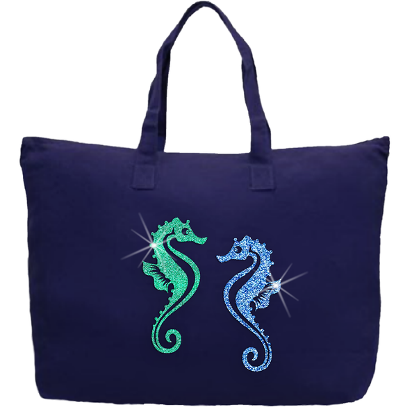 Tropical Seahorse Nautical/ Beach Tote Bag / Glitter Seahorses In Aqua And Mint Large Zippered Canvas Shopping/ Book Bag/ Boat Tote Bag Gift
