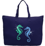 Tropical Seahorse Nautical/ Beach Tote Bag / Glitter Seahorses In Aqua And Mint Large Zippered Canvas Shopping/ Book Bag/ Boat Tote Bag Gift