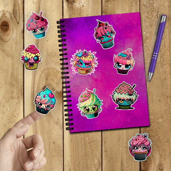 Cyberpunk Cupcakes Stickers/ Cute Anime Neon Cupcake Collection Laptop Decal, Planner, Journal Vinyl Sticker Pack