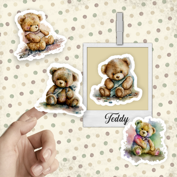 Teddy Bear Stickers/ Watercolor Vintage Bears Sticker Collection Laptop Decal, Planner, Journal Vinyl Sticker Pack
