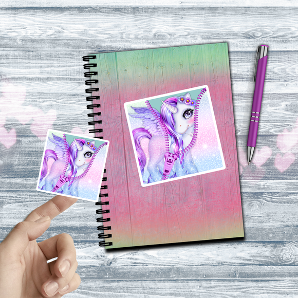 Unicorn Stickers/ Purple Glam Pastel White Unicorn Peek-A-Boo Zipper Laptop Decal, Planner, Journal Vinyl Stickers