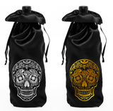 Sugar Skull Wine Bag/ Dia De Los Muertos Bottle Bag/ Day Of The Dead Purple, Gold Metallic Skull Black Satin Gift Bag/ Skull Wine Tote