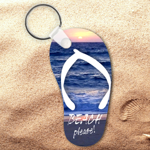 Sunset Beach Flip Flop Keychain/ Beach Please Flip Flop Key Charm/ Summer Beach Flip Flop Shaped Aluminum Keychain/ Summer Vacation Keychain