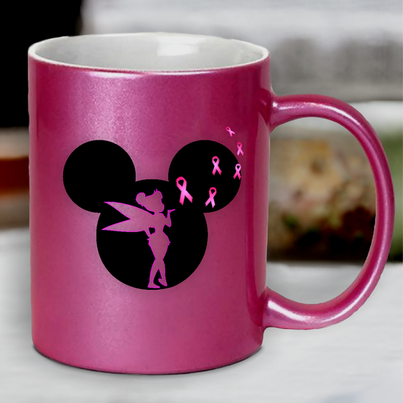 Disney Breast Cancer Awareness Mug / Mickey, Tinkerbell Pink Ribbons Pearl Metallic Coffee Mug/ Disney Cancer Awareness Mickey Mug Gift