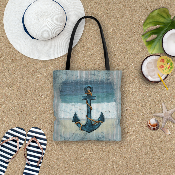 Nautical Tote Bag/ Ship Anchor, Blue Stripes And Map Coastal Tropical Large Beach Bag