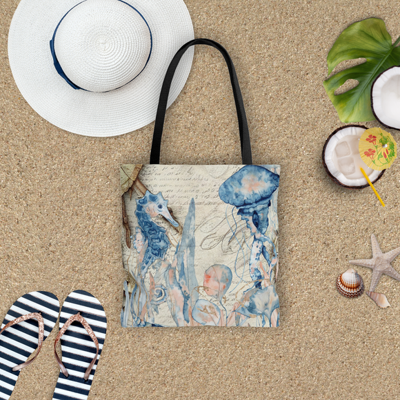 Nautical Tote Bag/ Blue Seahorse On Vintage Sailing Illustration Watercolor Coastal Tropical Large Beach Bag