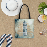 Nautical Tote Bag/ Navy Lighthouse Seashells Watercolor Coastal Tropical Large Beach Bag