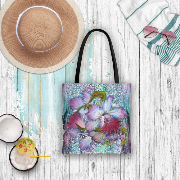 Floral Tote/ Purple Floral Orchids Glitter Glam Large Bag