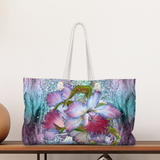 Floral Tote Rope Handle Bag/ Purple Orchids Glitter Glam Large Weekender Beach Bag