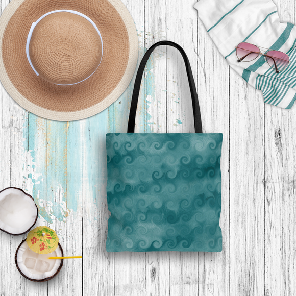 Nautical Tote Bag/ Blue Curled Ocean Waves Digital Watercolor Illustration Coastal Tropical Large Beach Bag