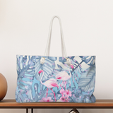 Flamingo Tote Rope Handle Bag/ Tropical Leaves Hibiscus Flowers Coastal Large Weekender Beach Bag