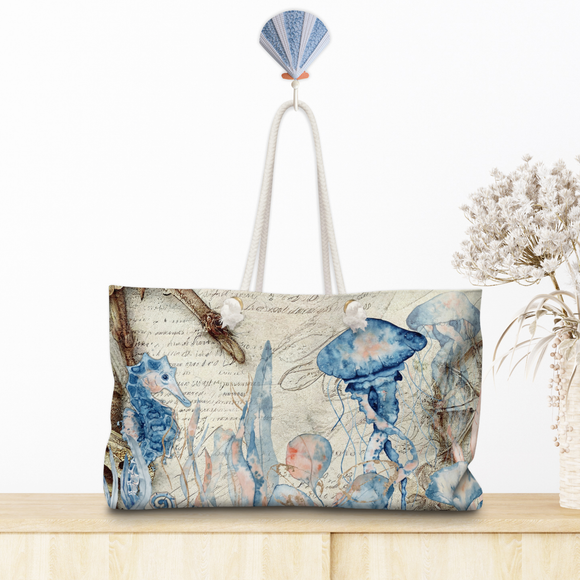 Nautical Tote Rope Handle Bag/ Blue Seahorse On Vintage Sailing Illustration Watercolor Coastal Tropical Large Weekender Beach Bag