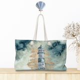 Nautical Tote Rope Handle Bag/ Navy Lighthouse Seashells Watercolor Coastal Tropical Large Weekender Beach Bag