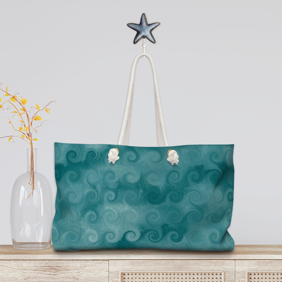 Nautical Tote Rope Handle Bag/ Blue Curled Ocean Waves Digital Watercolor Illustration Coastal Tropical Large Weekender Beach Bag
