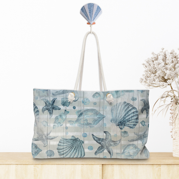Nautical Tote Rope Handle Bag/ Beige White Stripe Watercolor Blue Seashells And Fish Coastal Tropical Large Weekender Beach Bag