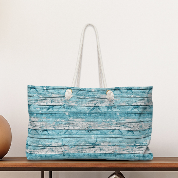 Nautical Tote Rope Handle Bag/ Blue White Beach Wood Seashells And Starfish Coastal Tropical Large Weekender Beach Bag