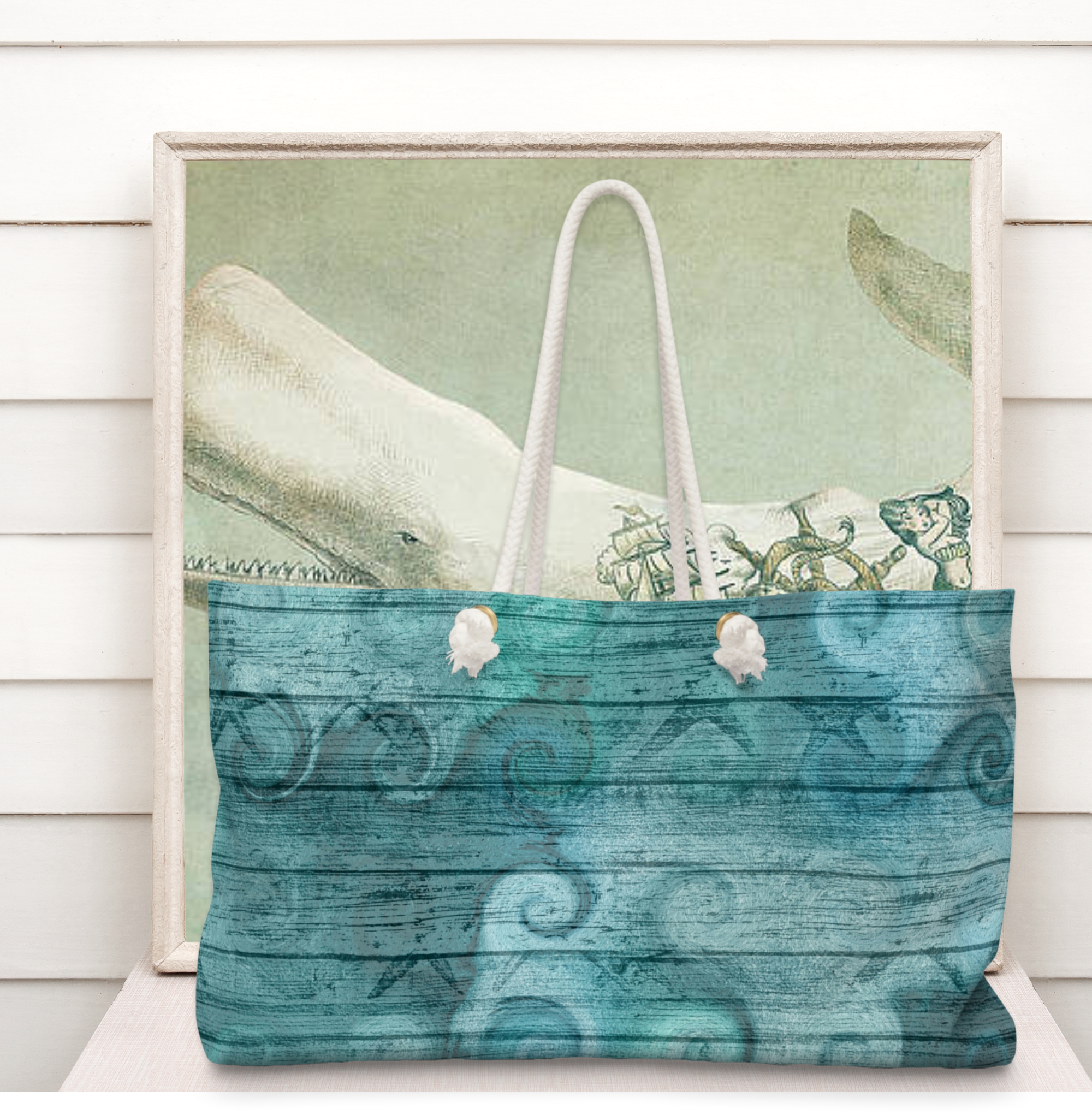 Nautical Tote Rope Handle Bag Ocean Waves Sea Life Illustration Coastal Tropical Large Weekender Beach Bag