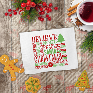 Christmas Towels/ Holiday Words Believe Sleigh Rides Noel Mistletoe Farmhouse Waffle Weave Kitchen Dish Towel Decoration Gift