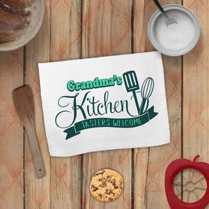Personalized Grandmother Towels/ Custom Grandma, Nana Green Utensils Waffle Weave Kitchen Dish Towel Decoration Gift