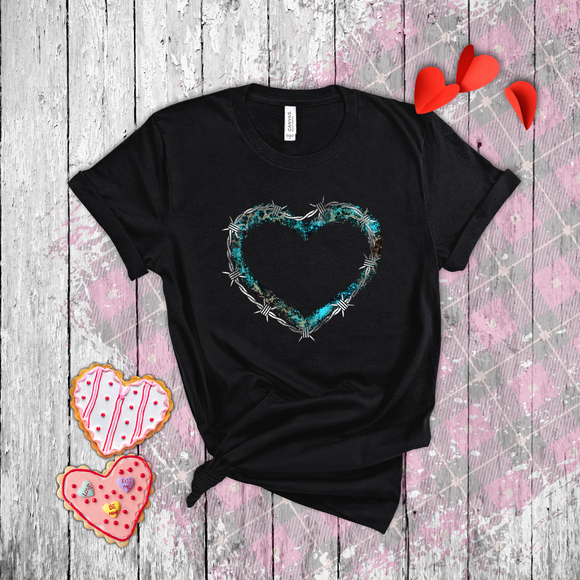 Valentine Shirts/ Animal Print Blue Gothic Grunge Distressed Heart Frame With Silver Barbed Wire T shirts