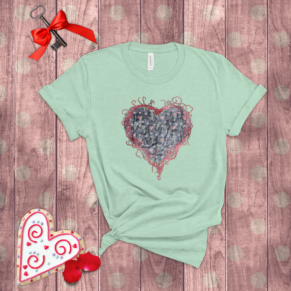 Valentine Shirts/ Gothic Grunge Gray Parchment Heart Skeleton Keys With Rose Pink Ivy Frame T shirts