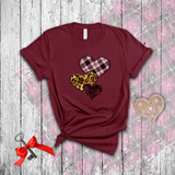 Valentine Shirts/ Heart Trio Animal Print, Pink Plaid And Burgundy With Barbed Wire Frames T shirts