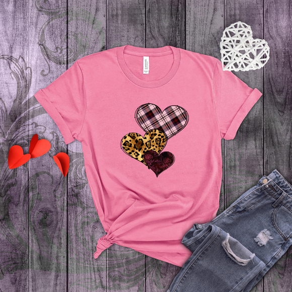 Valentine Shirts/ Heart Trio Animal Print, Pink Plaid And Burgundy With Barbed Wire Frames T shirts