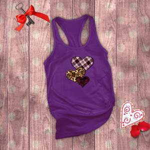 Valentine Tanks/ Heart Trio Animal Print, Pink Plaid And Burgundy With Barbed Wire Frames Tank Tops
