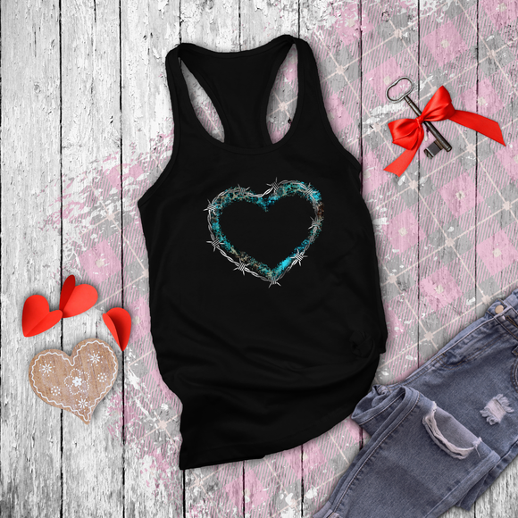 Valentine Tanks/ Animal Print Blue Gothic Grunge Distressed Heart Frame With Silver Barbed Wire Tank Tops