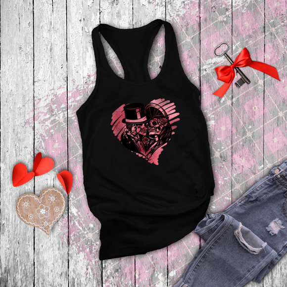 Valentine Tanks/ Gothic Grunge Kissing Sugar Skull Couple With Rose Pink Heart Tank Tops