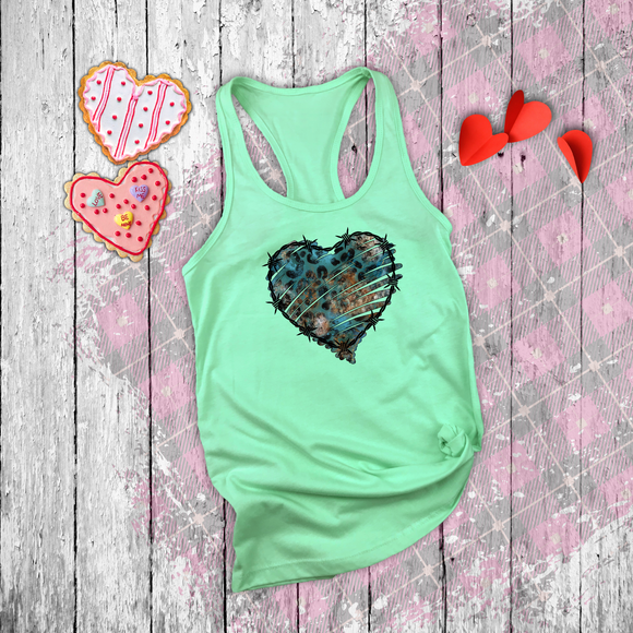 Valentine Tanks/ Gothic Grunge Teal Blue Animal Leopard, Giraffe Print Heart With Barbed Wire Tank Tops