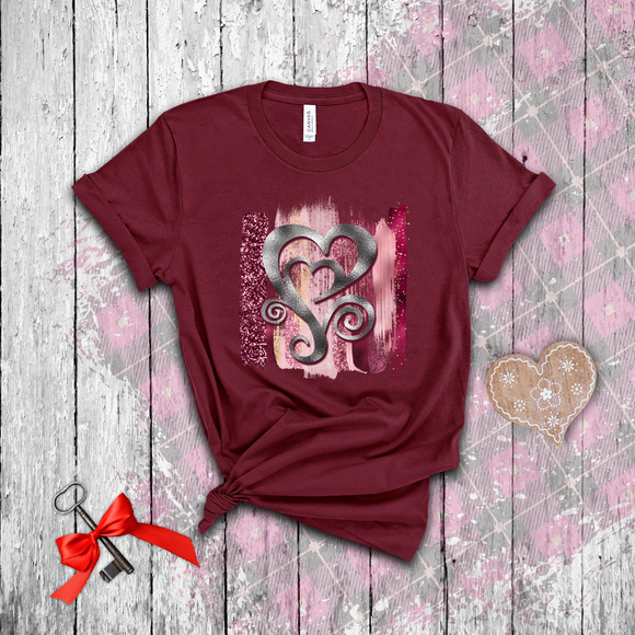 Valentine Shirts/ Silver Gray Heart With Burgundy And Pink Brushtroke Background T shirts