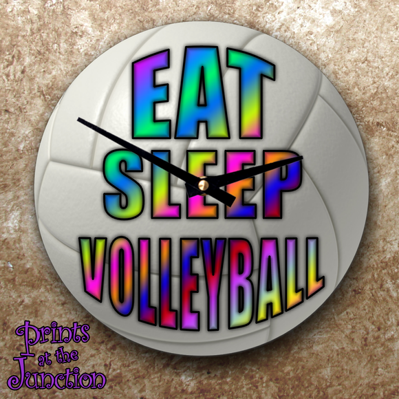 Volleyball Clock/ Volleyball Wall Clock Gift/ Eat, Sleep, Volleyball Bedroom Wall Clock/ Tie Dye Print Eat, Sleep, Volleyball Wall Clock