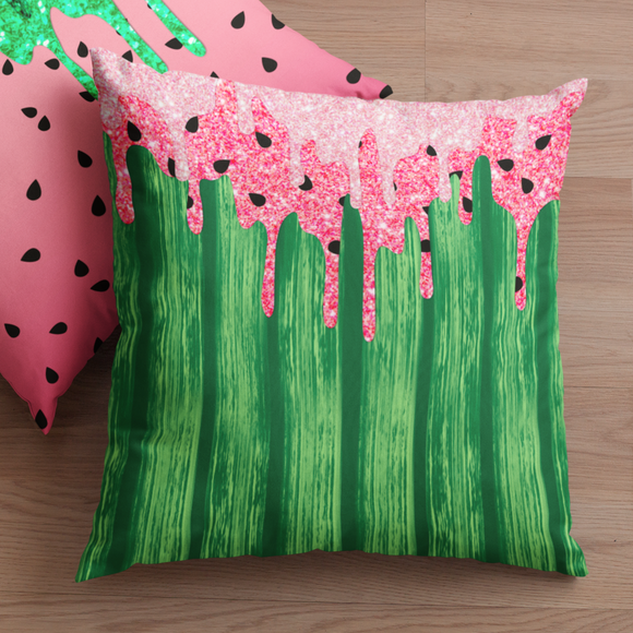 Watermelon Throw Pillow/ Watercolor Summer Glam Glitter Pink Drips Summer Décor