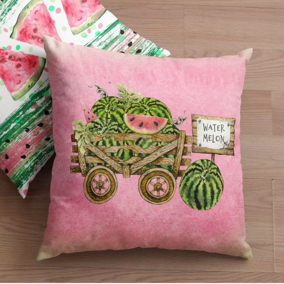 Watermelon Throw Pillow/ Watercolor Pink Green Watermelon Harvest Farmhouse Wood Cart Sign Summer Décor