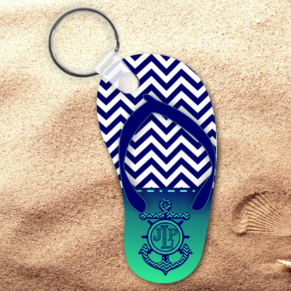 Monogrammed Nautical Chevron Flip Flop Keychain/ Personalized Summer Beach Flip Flop Key Charm/ Monogrammed Flip Flop Shaped Aluminum Keychain