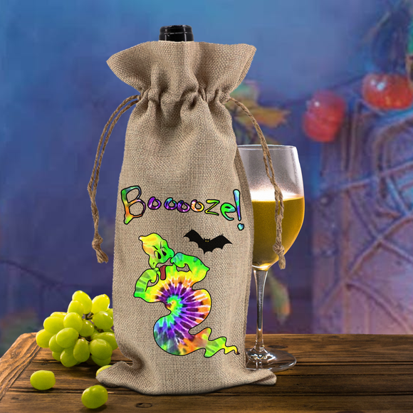 Halloween Wine Gift Bag/ Halloween Funny Drinking Ghost Tie Dye Booze Burlap Wine Tote