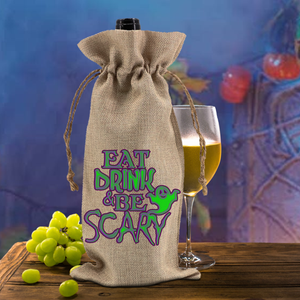 Halloween Wine Gift Bag/ Eat Drink And Be Scary Purple And Green Ghost Burlap Wine Tote