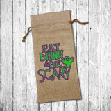 Halloween Wine Gift Bag/ Eat Drink And Be Scary Purple And Green Ghost Burlap Wine Tote