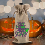 Halloween Wine Gift Bag/ Eat Drink And Be Scary Purple And Green Ghost Burlap Wine Tote