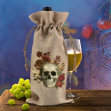 Halloween Wine Bottle Gift Bag/ Gothic Skull And Fall Flowers Burlap Wine Tote