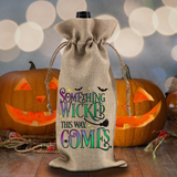 Halloween Wine Bottle Gift Bag/ Purple And Green Something Wicked This Way Comes Burlap Wine Tote