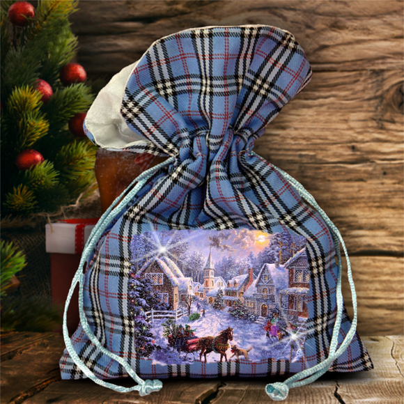 Christmas Plaid Gift Bag/ Winter Christmas Town/ Horse Drawn Sleigh Ride Plaid Gift Bag With Glitter/ Rustic Blue Plaid/ Red Plaid Holiday Bag