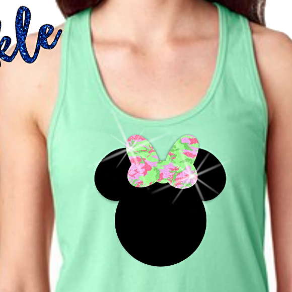 Minnie Mouse Glitter Tank/ Disney Glitter Minnie Mouse Bow Women’s Tank Top/ Camo Glitter Bow/ Pink/ Spring Green Camouflage Disney Tank Top