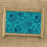 Beach Seashells Wood Serving Tray Gift/ Navy Blue Seashell Collection On Teal Coffee Table/ Cookie Tray