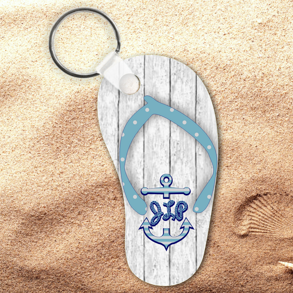 Monogrammed Nautical Beach Wood Flip Flop Keychain/ Personalized Summer Beach Flip Flop Key Charm/ Monogrammed Flip Flop Shaped Keychain