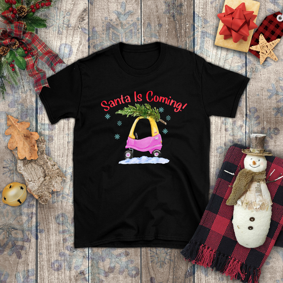 Christmas Children Shirts/ Santa Is Coming Pink and Yellow Toy Car With Christmas Tree Holiday Kids T-Shirts